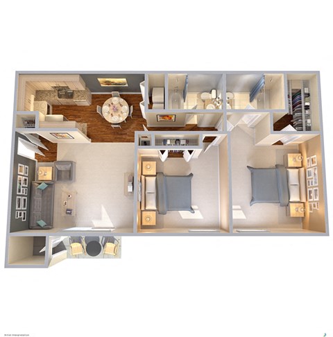 Floor plan for 2 beds, 2 baths, 952 sqft